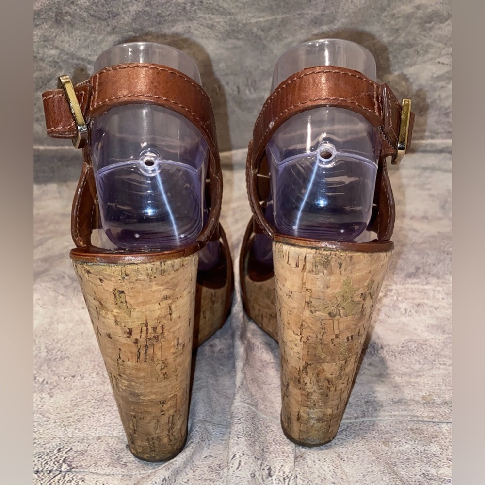 WORN 10x Tory Burch Ace Gladiator Wedges Heel Sandals Strappy 8.5 Leather Cork - Picture 5 of 9